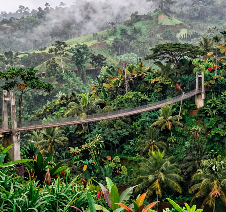 A vibrant photograph of the Sukabumi suspension bridge stretching over a lush tropical valley, with the misty rainforest of a Southeast Asian / Indonesian landscape in the morning light.