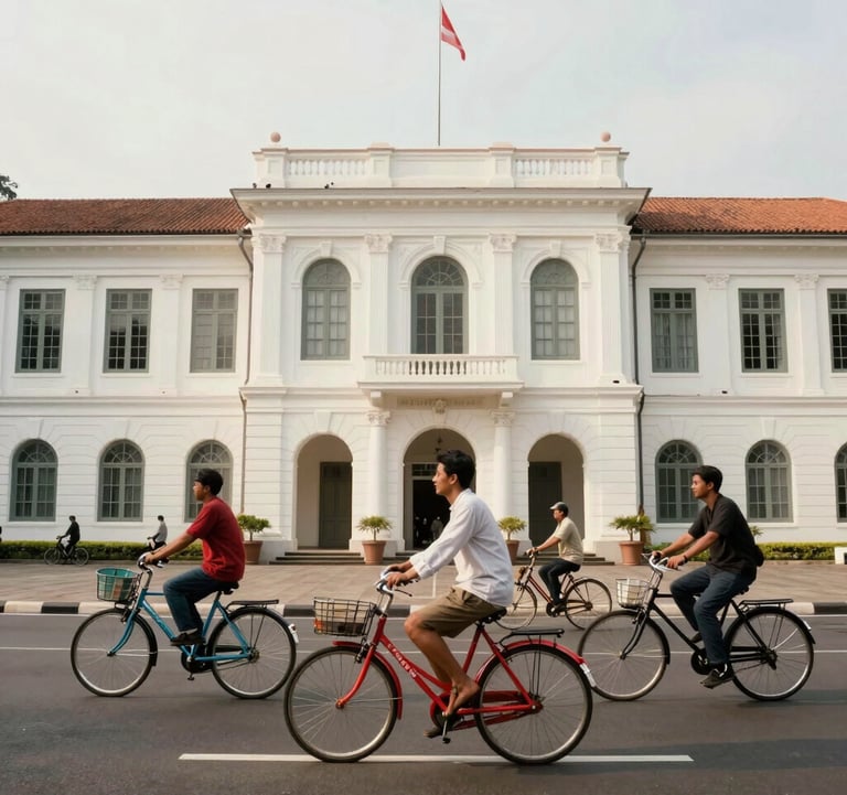 Photography of the colonial-style Jakarta History Museum in Fatahillah Square, with people riding colorful vintage bicycles in a Southeast Asian / Indonesian historical setting.