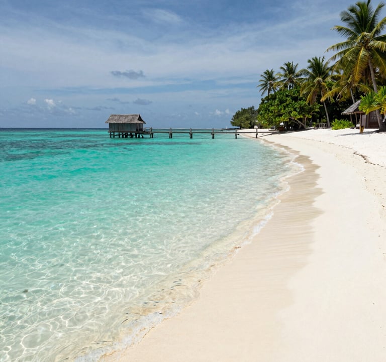 Crystal clear turquoise waters and soft off-white sand at a beach in Kepulauan Seribu, with small wooden docks and palm trees under a bright sky, Southeast Asian / Indonesian island paradise.