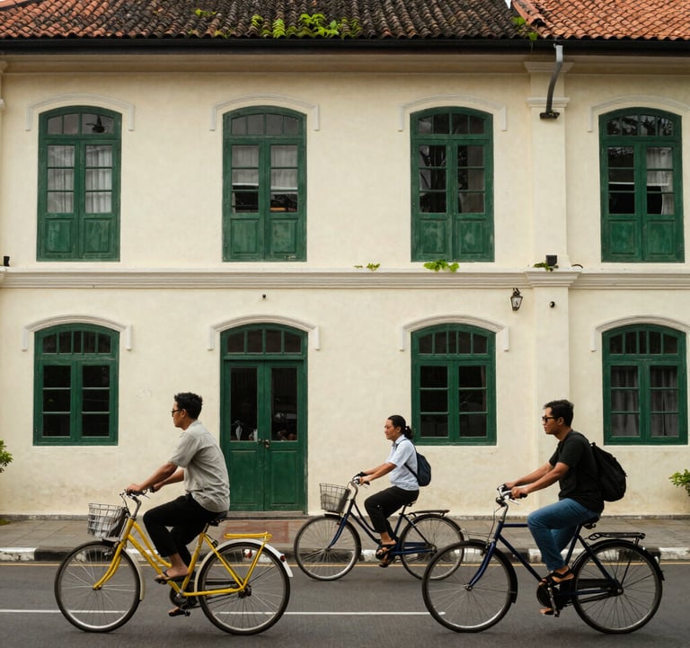 A premium photograph of the Fatahillah Square in Jakarta's Batavia Old Town. The scene features colonial architecture with ivory walls and mossy leaf green window frames. Southeast Asian / Indonesian travelers are exploring the plaza on colorful vintage bicycles.