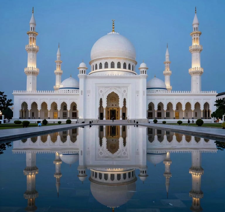 The majestic white dome of the Istiqlal Mosque in Jakarta, reflected in a nearby water feature during the blue hour, sophisticated Southeast Asian / Indonesian architecture.