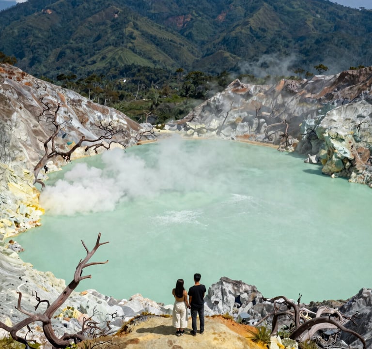 A stunning landscape photo of Kawah Putih in Bandung. The volcanic crater lake is a pale seafoam green, contrasted with white soil and skeletal trees. Wisps of steam rise against a deep forest green mountain backdrop. A Southeast Asian / Indonesian couple is visible taking in the view.