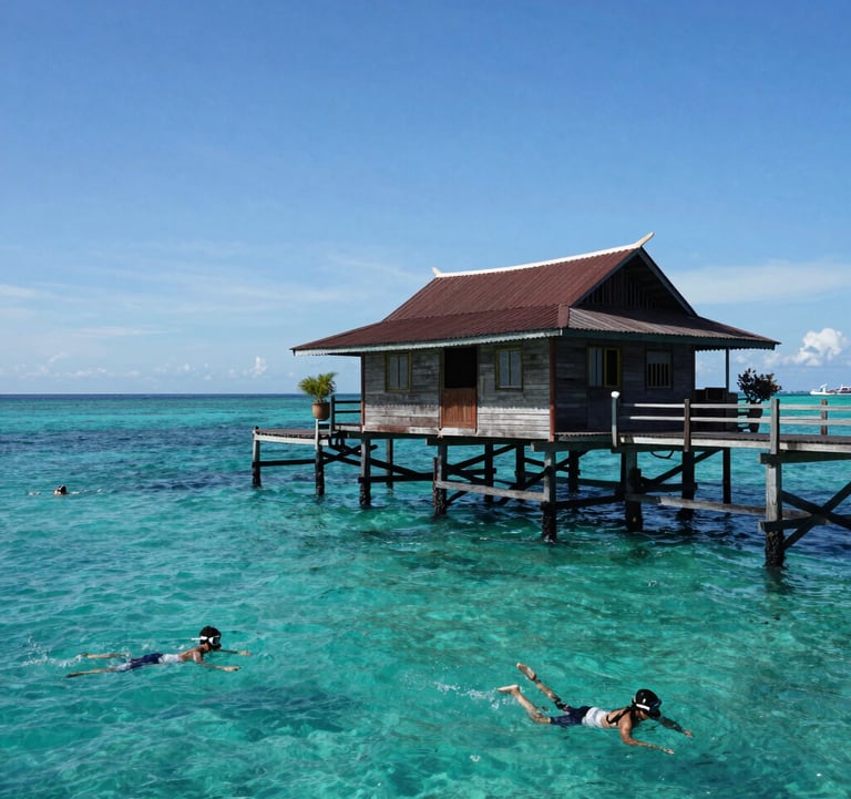 A serene shot of turquoise water and a traditional wooden jetty at Pulau Tidung, Kepulauan Seribu, with clear blue skies and people enjoying snorkeling in a Southeast Asian / Indonesian coastal setting.