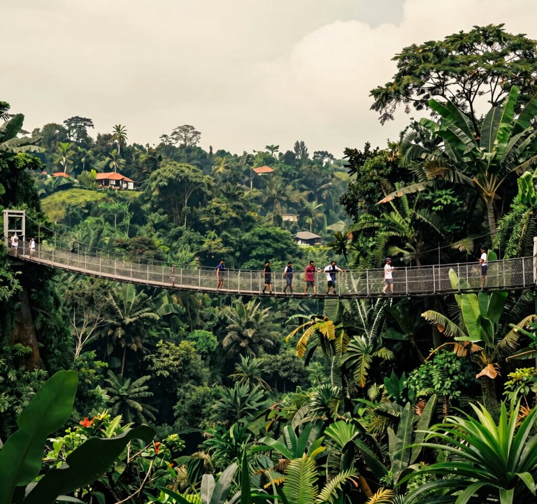 The impressive Sukabumi suspension bridge spanning across a lush, deep green valley. Vibrant forest green tropical foliage surrounds the structure. A group of friends from a Southeast Asian / Indonesian background are walking across the bridge, enjoying the adventurous scenery under a clear, warm off-white sky.