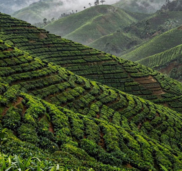 Vast, rolling tea plantations in Ciwidey, Bandung, with morning mist clinging to the moss green hills, professional landscape photography of a Southeast Asian / Indonesian setting.