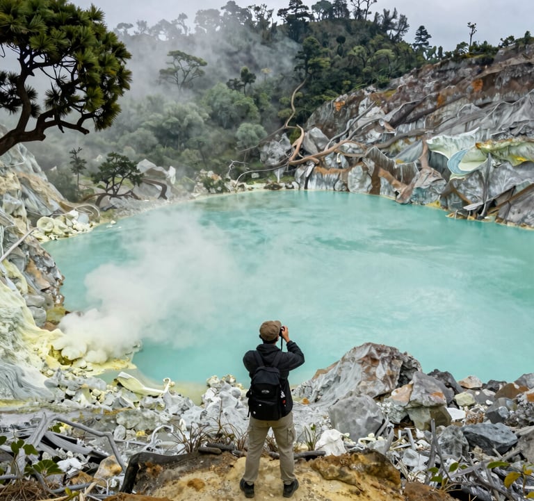 A stunning landscape of Kawah Putih in Bandung. The turquoise volcanic crater lake is surrounded by white sulfur rocks and misty trees. A professional traveler from a Southeast Asian / Indonesian background is capturing the view. Natural forest green and soft sage tones dominate the scene.