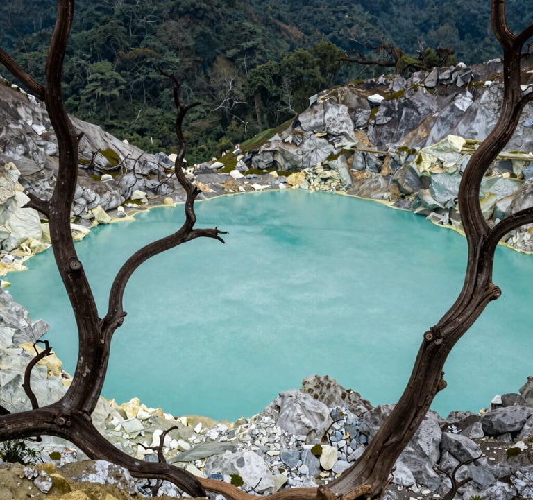 The surreal turquoise crater lake of Kawah Putih, Bandung, framed by white volcanic rocks and skeletal trees, with moss green forests in the background, professional Southeast Asian / Indonesian nature photography.