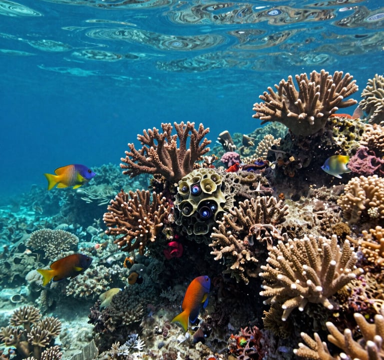 Underwater photography of vibrant coral reefs and exotic fish in the clear waters near Tidung Island, showcasing a Southeast Asian / Indonesian marine sanctuary.