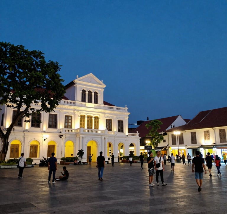 An evocative evening photo of the Batavia Old Town square in Jakarta, showing the colonial architecture lit up, with people enjoying the vibrant atmosphere in a Southeast Asian / Indonesian urban setting.