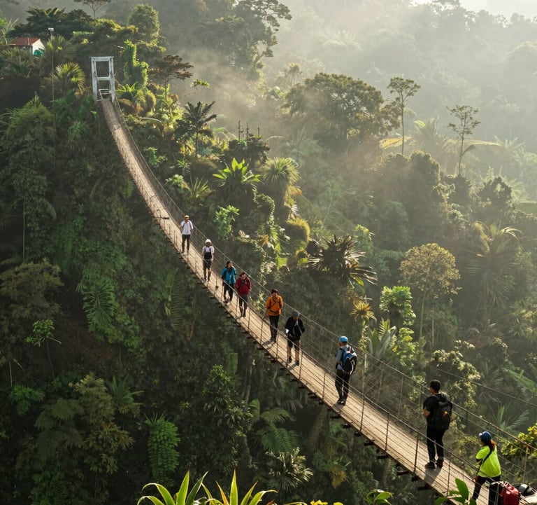 An adventurous shot of the long suspension bridge at Sukabumi, hanging over a lush valley with deep forest green vegetation and misty ivory air. A group of Southeast Asian / Indonesian hikers are crossing the bridge under soft morning sunlight.