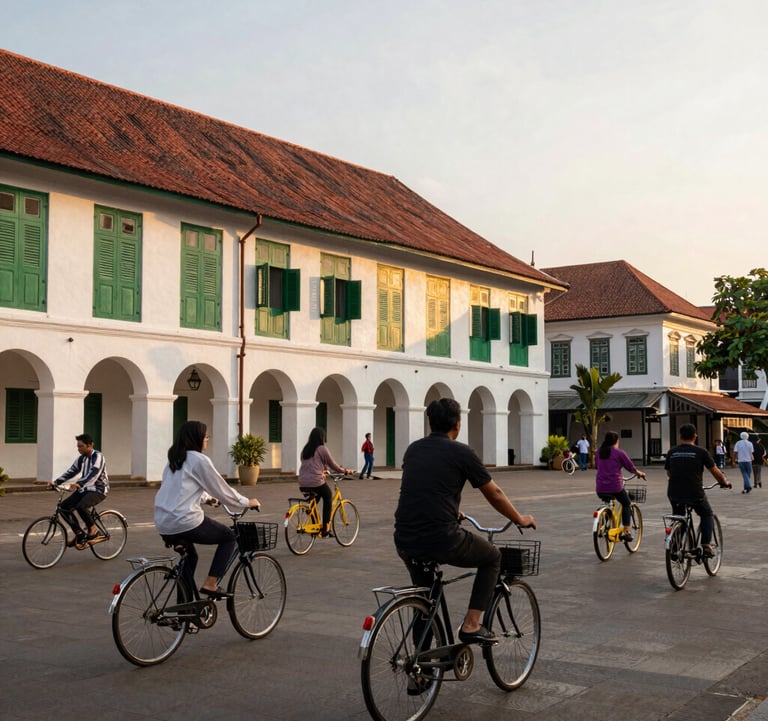 Historical Kota Tua Batavia in Jakarta. A wide shot of the colonial Fatahillah Square during the golden hour. Locals and tourists from a Southeast Asian / Indonesian background are riding colorful vintage bicycles. The lighting is warm and inviting, highlighting the forest green shutters of the buildings.