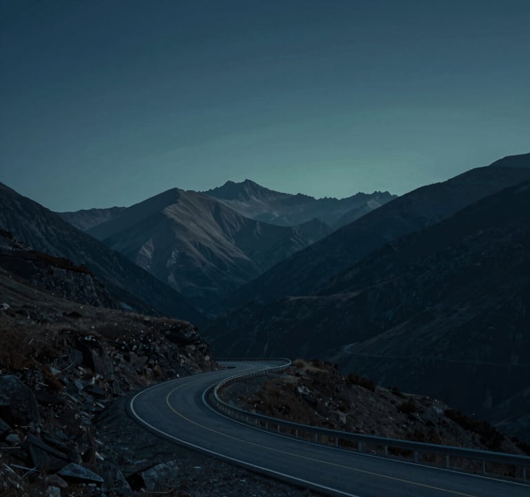 A cinematic, wide-angle landscape shot of a quiet mountain road winding through peaks. The lighting is dusk, casting professional deep blue (#1E2B38) and muted teal (#4A7B8E) shadows over the vista. Minimalist and grand.