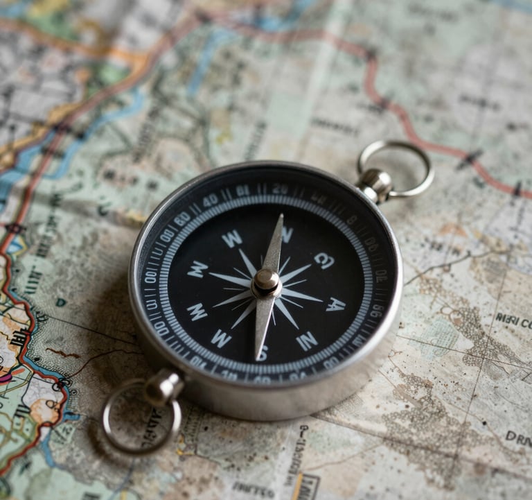 A minimalist photograph of a high-end compass on a weathered map, captured with soft professional lighting and deep contrast.