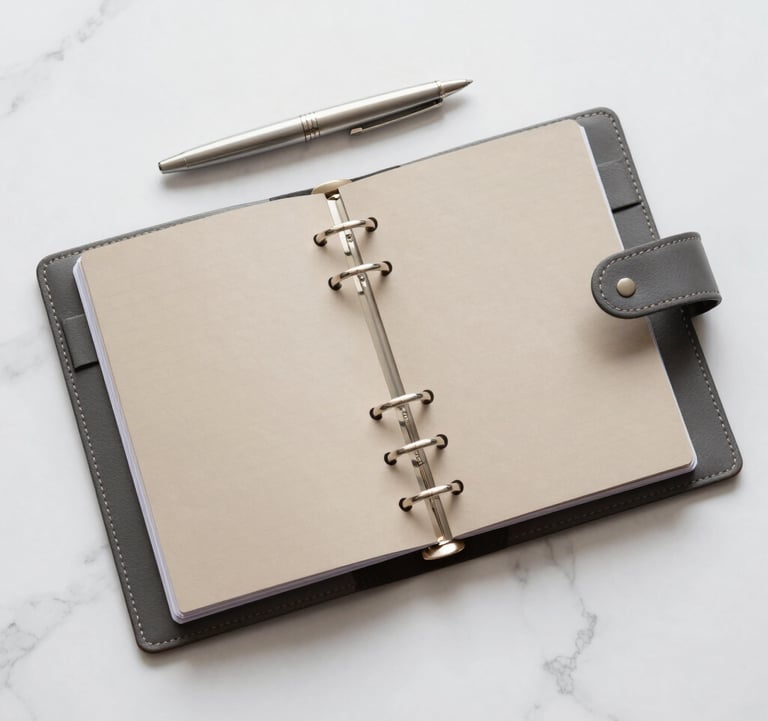 A minimalist, top-down photograph of an open leather-bound travel planner and a silver fountain pen on a white marble table. The aesthetic is clean and corporate, featuring sand (#D2C9B0) and charcoal (#1E2B38) tones.