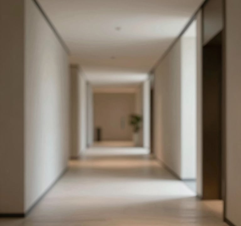 A minimalist architectural shot of a luxury hotel corridor with soft, natural lighting and a muted travel-inspired color palette.