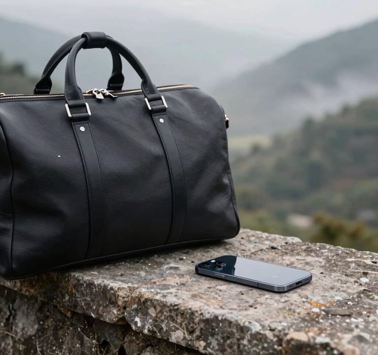 Close-up of a premium leather travel bag and a high-end smartphone on a stone ledge overlooking a misty valley. Sophisticated travel gear aesthetic.