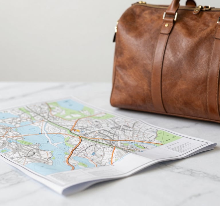 A close-up of a high-quality leather travel bag and a map spread across a clean white marble surface.