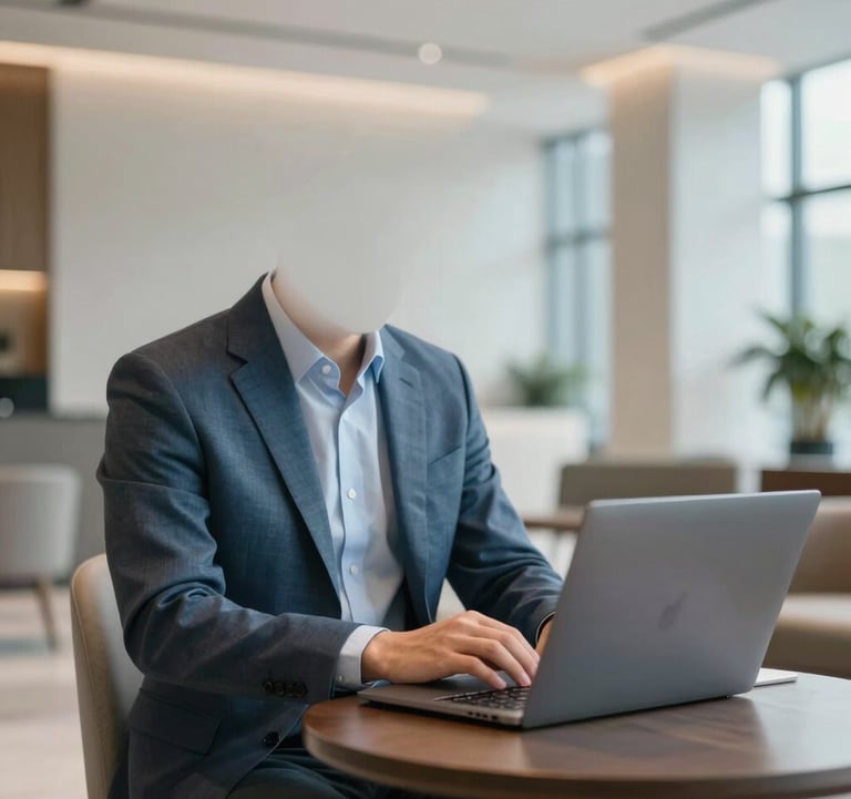 Faceless professional male in a sharp blazer using a laptop in a modern, minimalist hotel lobby. Clean lines and professional lighting with #4A7B8E accents.