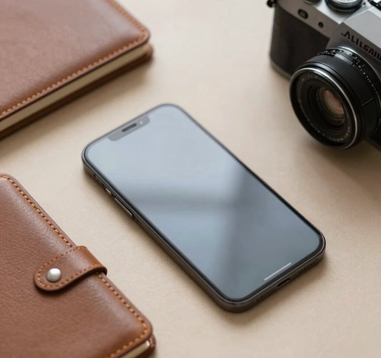 A top-down professional flat lay of a high-end smartphone, a leather travel journal, and a minimalist camera on a sand-colored surface, reflecting the #D2C9B0 palette.