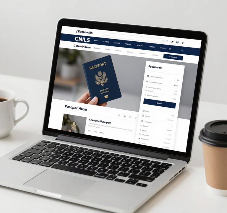 A clean, professional image of a laptop displaying a campaign dashboard, with a passport and a coffee cup on a bright, minimalist desk.