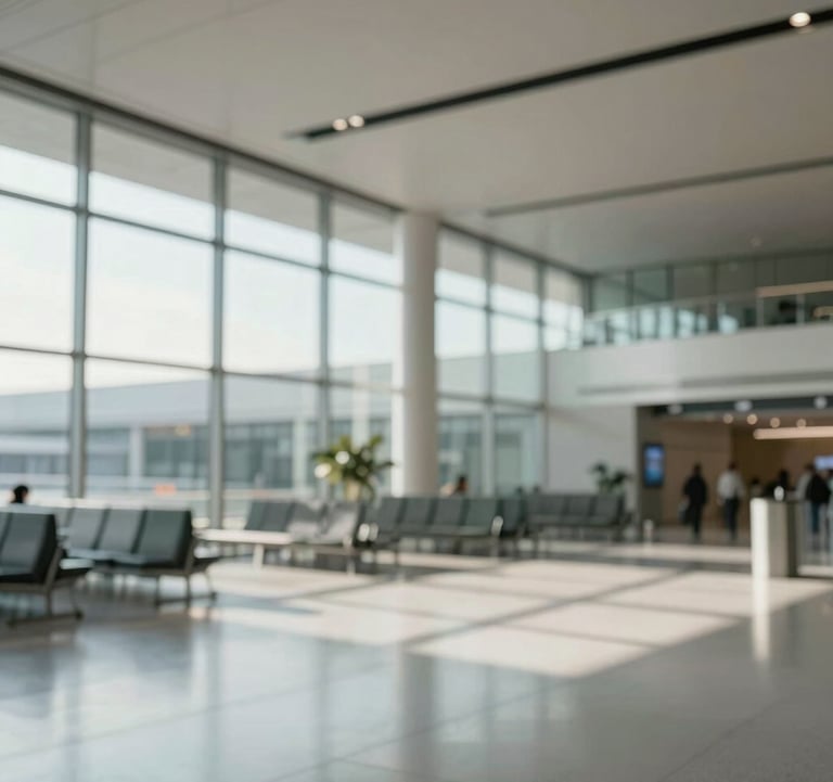 Clean, architectural shot of a modern airport terminal with large windows and geometric shadows. Calm, professional atmosphere with #F8F6F2 highlights.