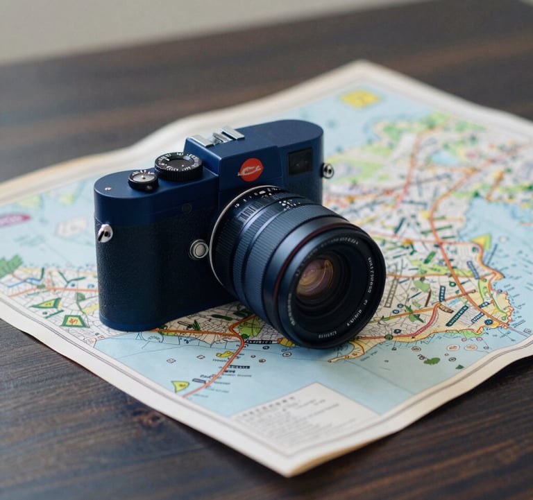 A professional Leica camera and a vintage-style travel map arranged on a clean, dark wooden desk. Professional and inspiring layout with #1E2B38 deep blue tones.