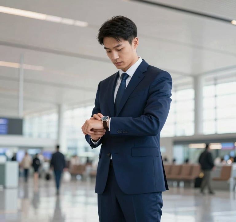 A faceless professional male in a tailored suit checking a high-end watch while standing in a modern, architecturally significant airport terminal. The palette emphasizes deep blues (#1E2B38) and clean whites.