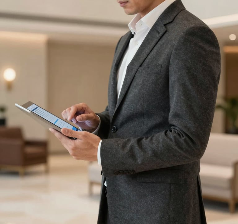 A minimalist, faceless shot of a male professional in a sharp charcoal blazer holding a tablet, reviewing campaign analytics. Background is a blurred luxury hotel lobby with soft #D2C9B0 sand tones.