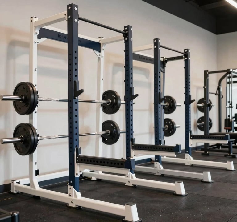 A high-impact photograph of a row of premium squat racks in a luxury North American / US gym. The equipment is perfectly polished, with a sophisticated dark navy and off-white color palette.