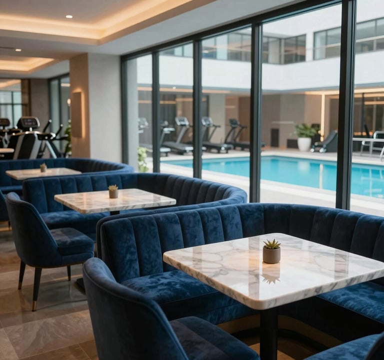 A tranquil, high-end gym lounge featuring marble tables, blue velvet seating, and a view of a clean, modern pool area through large windows. The lighting is elegant and airy. North American / US luxury facility.