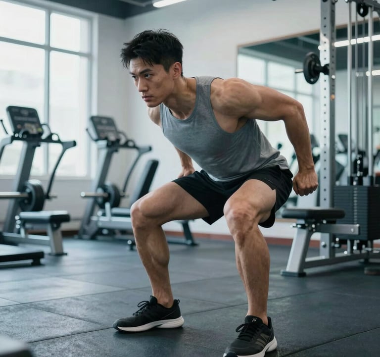 An action photograph of a determined athlete performing a high-intensity workout in a luxury North American / US gym setting. The lighting is crisp and cool with light blue gray tones, highlighting the discipline and strength.