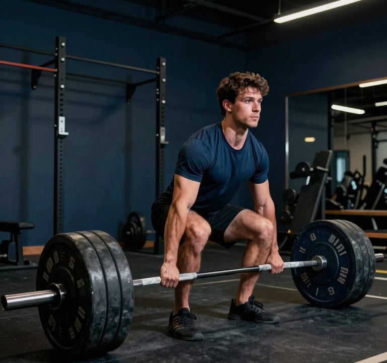A high-action photograph of a male athlete performing a heavy deadlift in a luxurious, private training studio. Moody navy shadows contrast with bright spotlighting on the athlete's focused expression. North American / US gym setting.