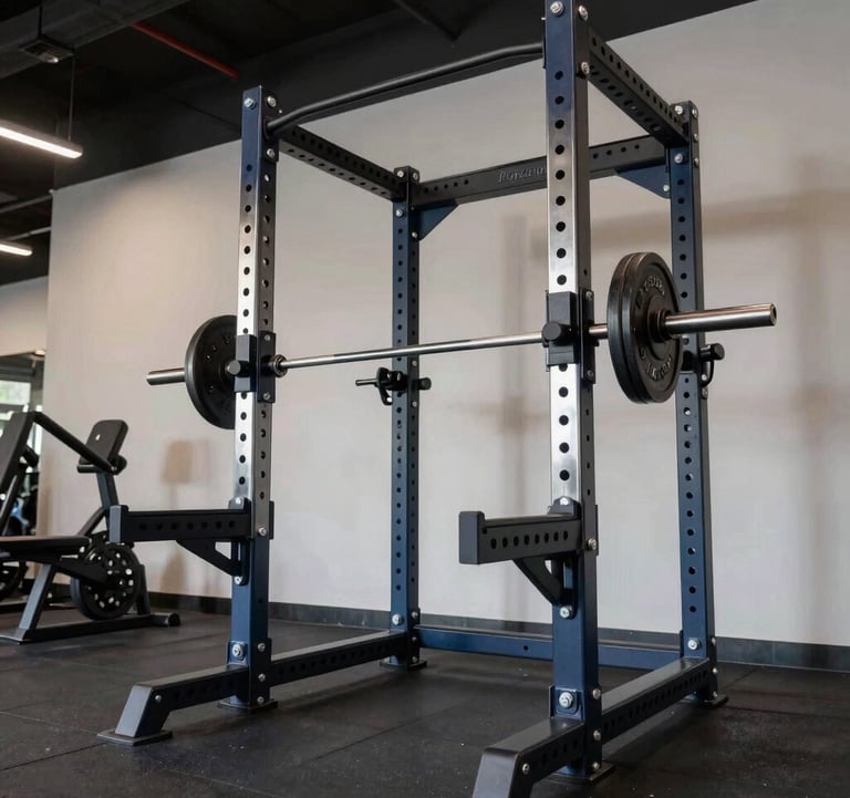 An action-oriented, professional photography shot of a custom-built power rack system in a luxury American gym. Dark navy and chrome textures contrast sharply. The composition is low-angle, focusing on the elite craftsmanship and strength-focused atmosphere of the training floor.