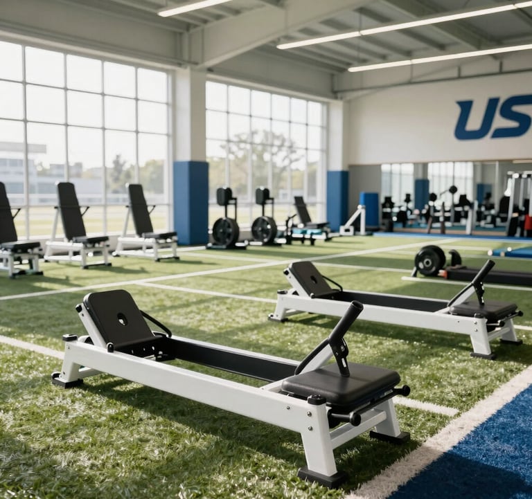 A dynamic shot of a high-performance indoor turf area in a US-based luxury training facility. Bright morning light floods the space, highlighting clean white and pacific blue accents. Performance sleds and precision weights are neatly organized in a composition that suggests discipline and elite standards.