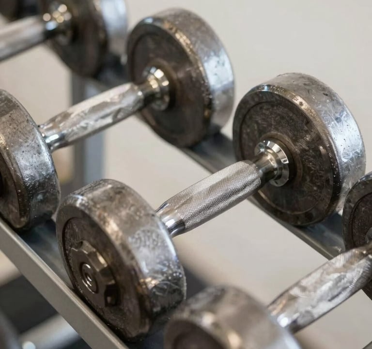 A clean, artistic close-up shot of heavy, high-quality steel dumbbells arranged on a rack. The lighting is soft and natural, emphasizing the metallic textures against an off-white background. North American / US fitness club.