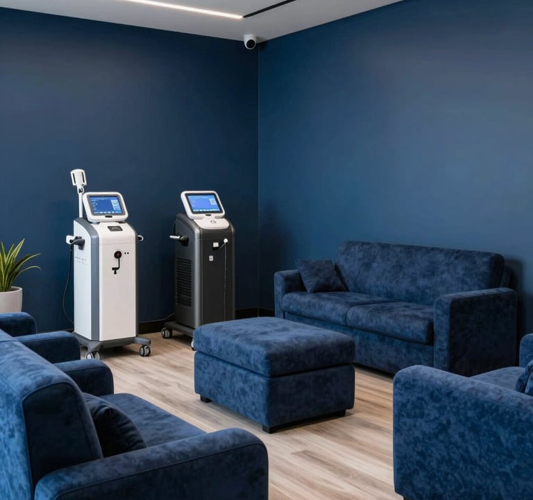 A high-end interior photograph of a recovery lounge in a North American / US premium fitness club, featuring plush seating, a clean Pacific Blue aesthetic, and state-of-the-art recovery technology in a minimalist setting.