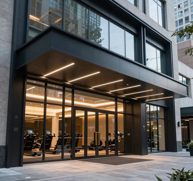 A wide-angle photography shot of a sleek, modern gym entrance in a luxury North American / US urban building. The design is sophisticated, featuring glass, dark navy steel, and bright LED accents.