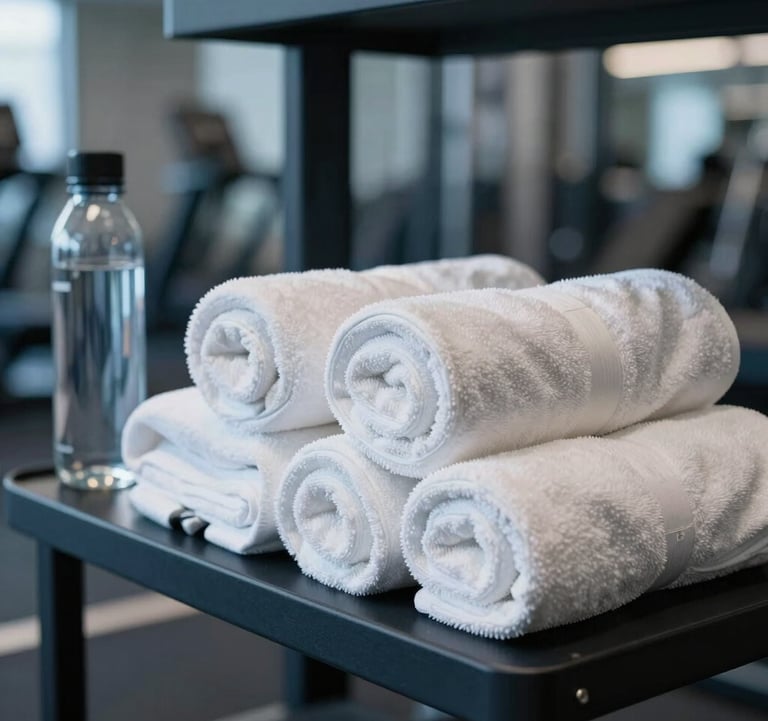 A close-up, luxury photography shot of premium fitness amenities in a North American / US gym. Neatly rolled off-white towels sit on a dark navy shelf beside a glass water bottle. Soft blue lighting creates a high-end spa-like aesthetic.