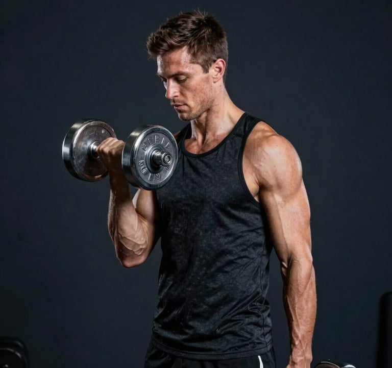 A professional photography shot of a high-performance athlete training in a North American / US elite gym. The subject is lifting heavy chrome dumbbells against a dark navy backdrop with sophisticated spotlighting. The mood is disciplined and powerful.