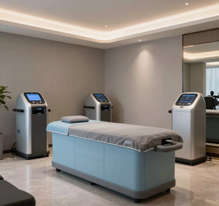 A professional photograph of a luxury recovery lounge in a North American elite gym. Features light blue gray accents, soft ambient lighting, and high-tech hydrotherapy or infrared equipment. The style is minimalist and high-performance, focused on wellness and premium quality.