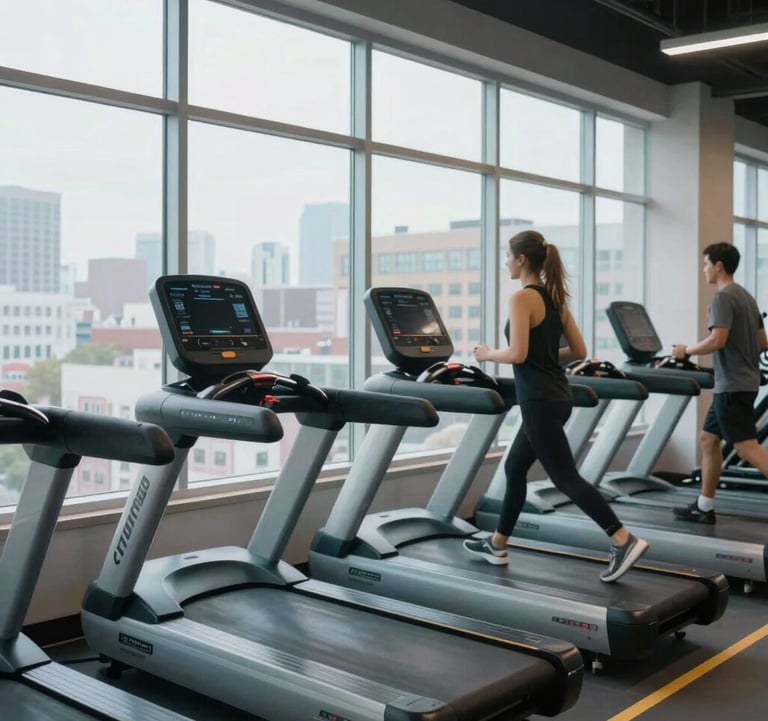 An action photograph of a high-tech cardio zone in a North American / US fitness destination. A row of sleek treadmills faces a panoramic window showing a morning cityscape. The palette is dominated by light blue and off-white tones, conveying freshness and energy.