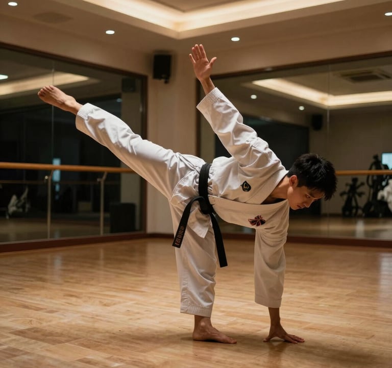 A dynamic shot of a person practicing martial arts or high-level functional movement in a luxury training studio. The lighting is focused and dramatic, highlighting power and precision.