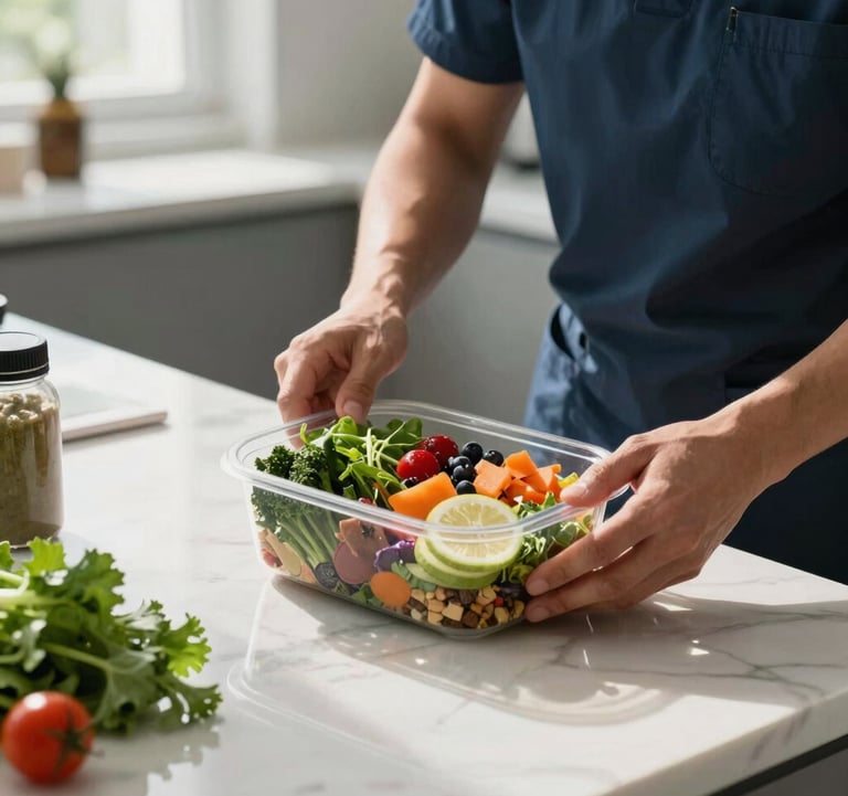 A close-up photograph of a professional nutritionist in a modern North American / US health suite, preparing a vibrant, protein-rich meal plan. Soft, natural morning light hits the surface of a clean white marble countertop with fresh greens.