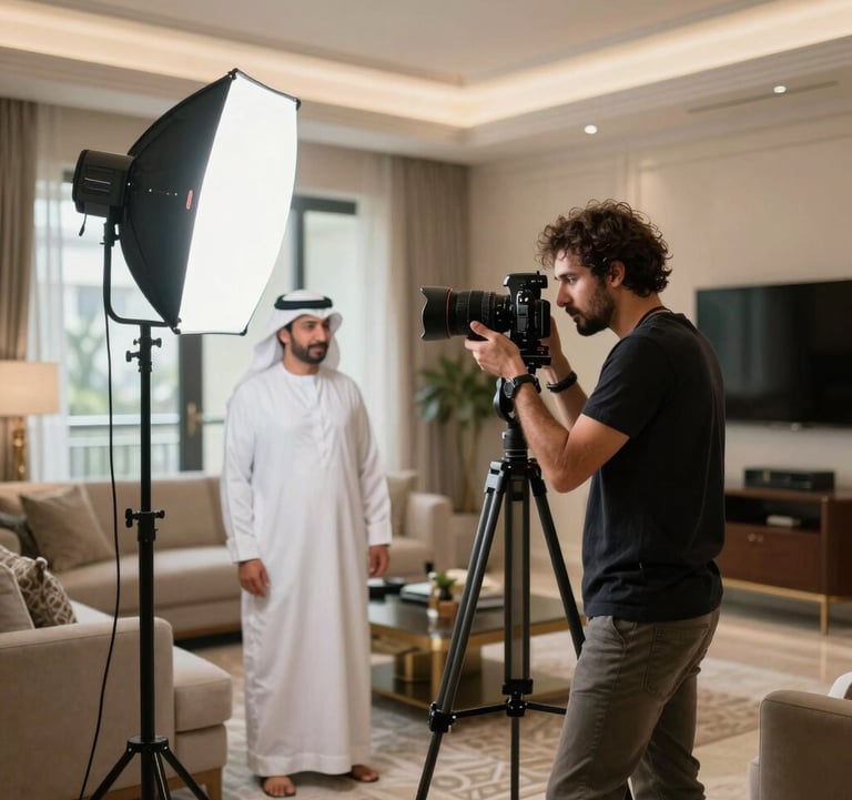 A professional photographer in a luxury Middle Eastern / Gulf apartment setting up high-end lighting and a tripod to capture a sophisticated living area. Professional behind-the-scenes atmosphere.