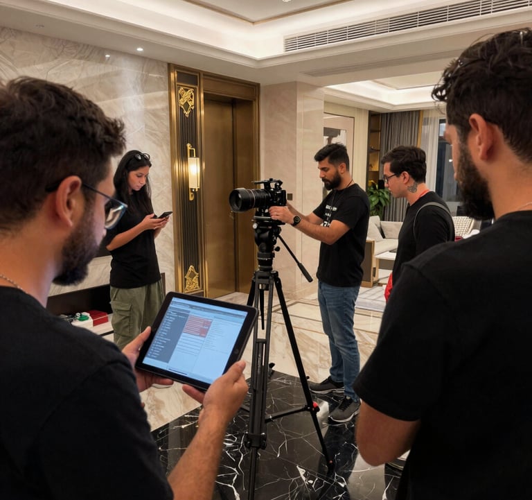 A behind-the-scenes shot of a real estate marketing shoot in a modern Dubai penthouse. A photographer is adjusting a tripod while a team reviews content on a tablet. The setting features black marble floors and gold decorative accents.