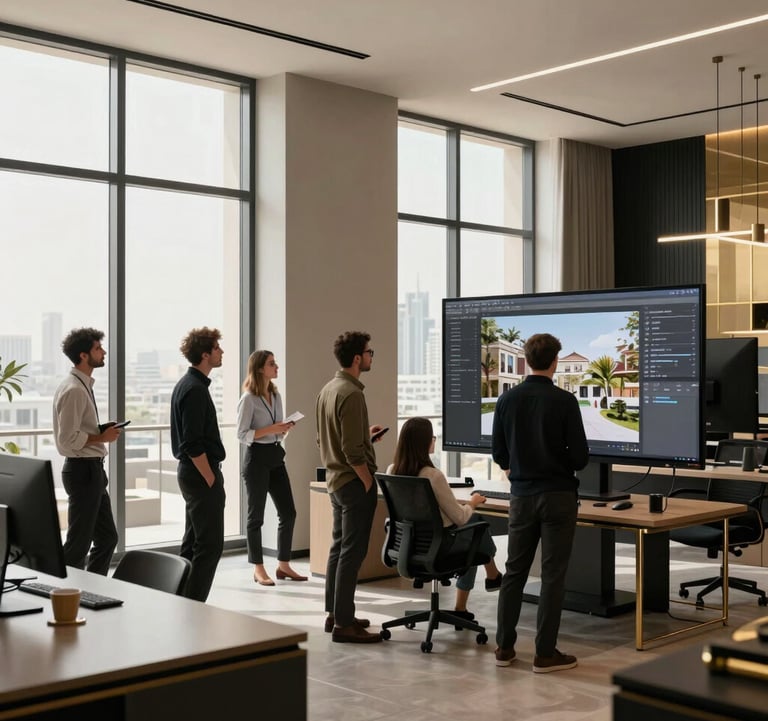A wide shot of a modern design studio in Dubai with large windows. The team is gathered around a large monitor planning property content. The room is decorated in a sophisticated palette of beige, black, and gold.