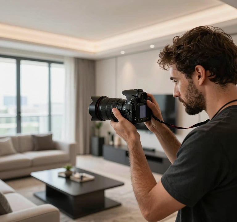 Behind-the-scenes photography of a real estate marketing shoot in Dubai. A professional photographer is capturing a sleek, modern apartment interior with a high-end camera. The mood is focused and professional.