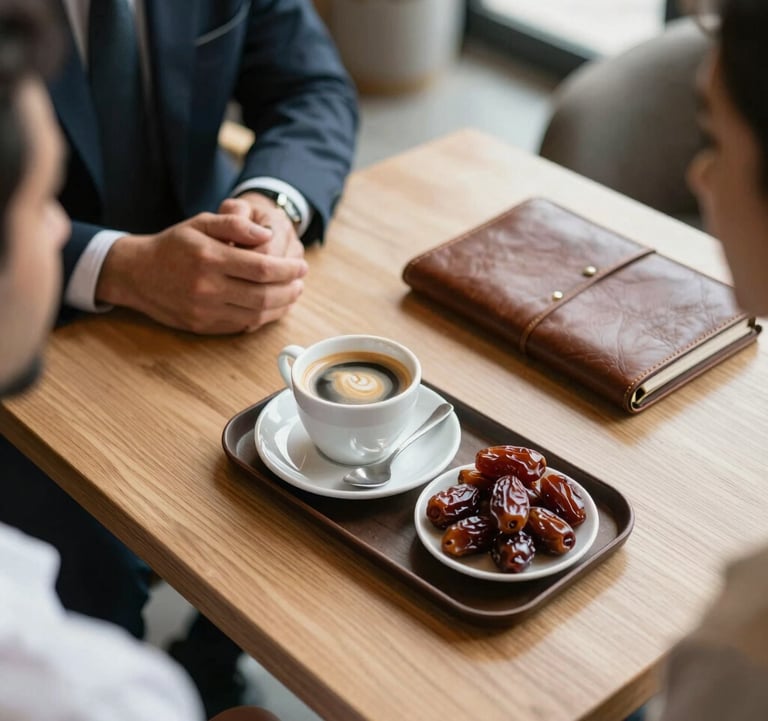 A top-down lifestyle photograph of a professional meeting in a cozy Scandinavian-style cafe in Dubai. A tray with specialty coffee and fine dates sits on a light oak table next to a leather-bound portfolio. Soft, natural daylight.
