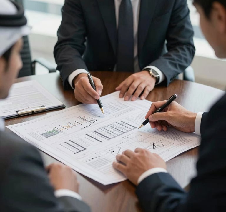 Close-up of a team of real estate professionals in sophisticated business attire reviewing complex blueprints and data charts on a dark wood table in a Dubai boardroom. Middle Eastern / Gulf professional context.