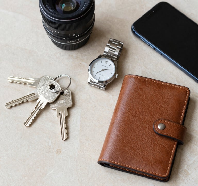 A flat lay of professional real estate tools including a set of luxury home keys, a high-end watch, a leather folio, and a smartphone on a polished beige marble surface. Middle Eastern / Gulf professional style.